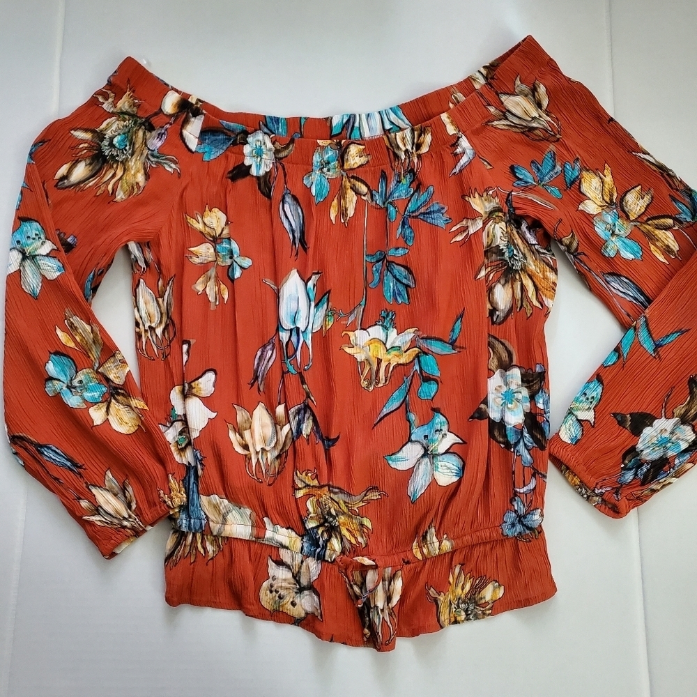 Karen Kane Off Shoulder Top XL Colorful Floral Print Long Sleeve Style# 2L83066